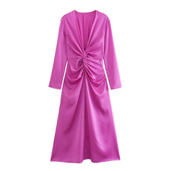 Women Autumn Elegant Long Sleeve Bow Tie Silk Satin Textured Dress