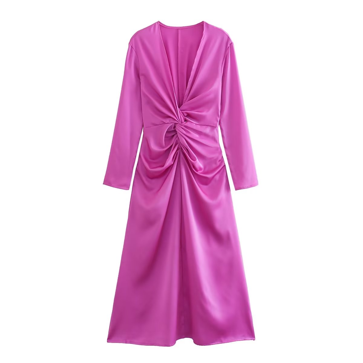 Women Autumn Elegant Long Sleeve Bow Tie Silk Satin Textured Dress