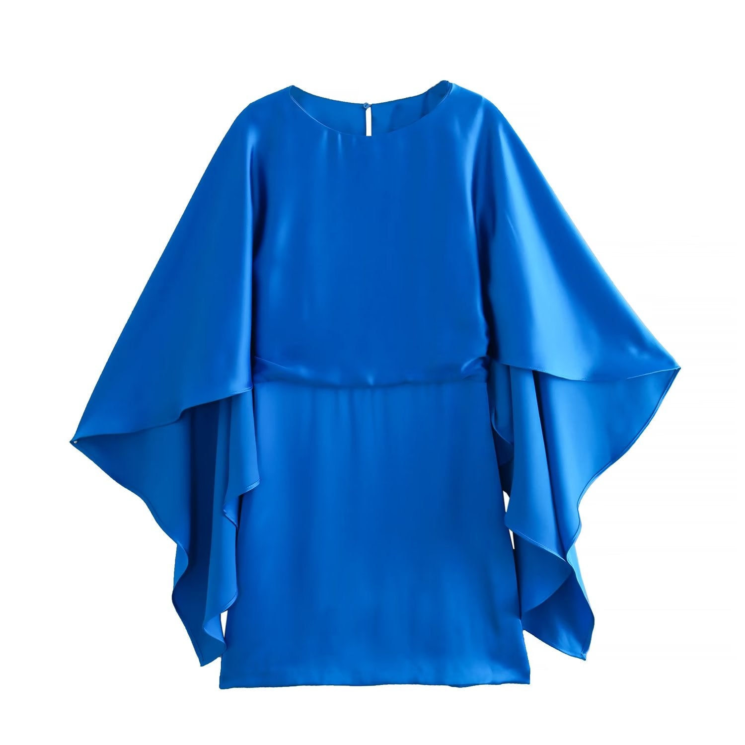 Summer Women Clothing round Neck Silk Satin Textured Sleeves Irregular Asymmetric Cinched Dress