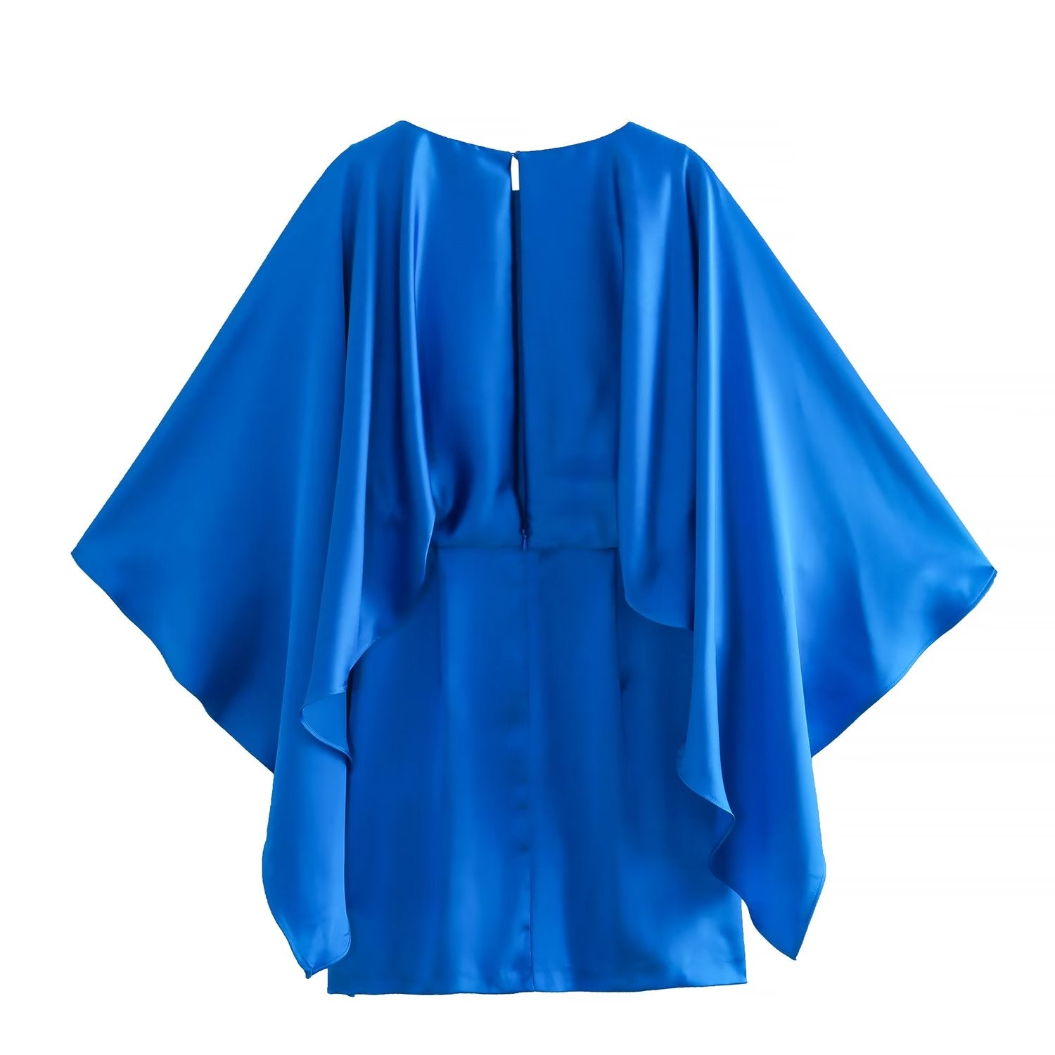 Summer Women Clothing round Neck Silk Satin Textured Sleeves Irregular Asymmetric Cinched Dress