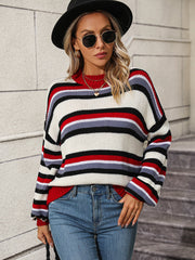 Autumn Winter Stitching Knitwear Loose Color Round Neck Striped Sweater Women