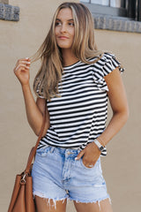 White Stripe Print Tiered Ruffled Sleeve Tee