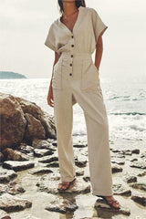 Summer Women Clothing Linen Blended Straight Long Jumpsuit