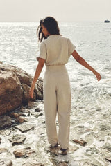 Summer Women Clothing Linen Blended Straight Long Jumpsuit