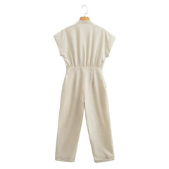 Summer Women Clothing Linen Blended Straight Long Jumpsuit