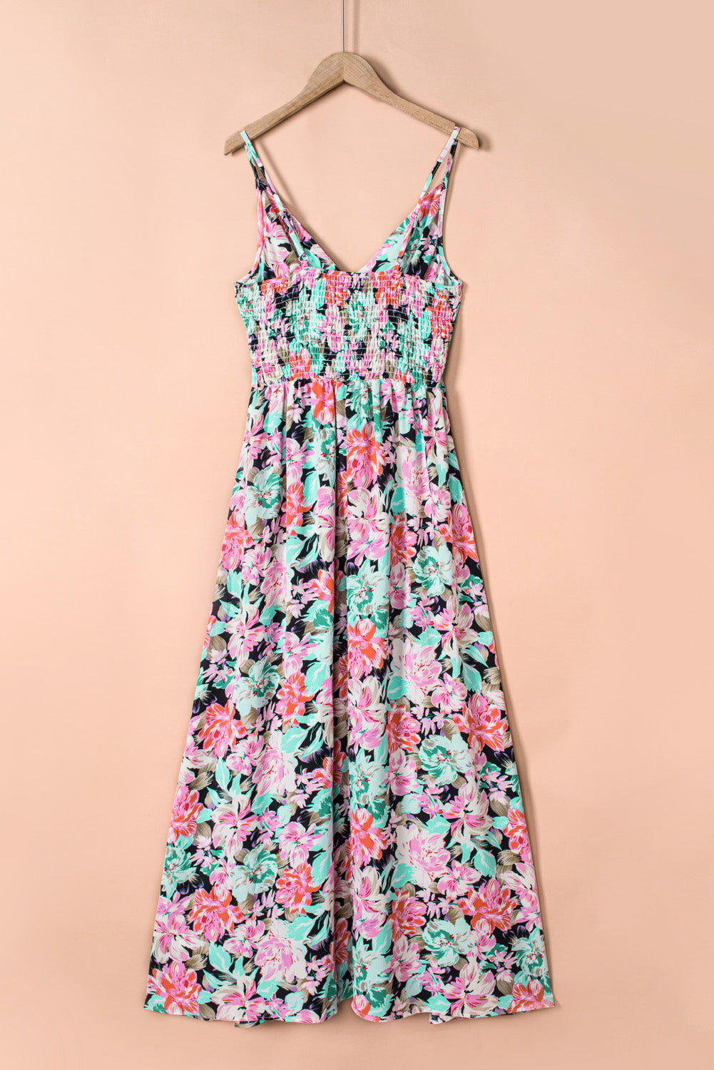 Green Sling V-Neck Elastic Waist Floral Maxi Dress