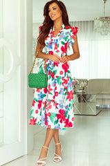 Multicolor Flutter Sleeve V Neck High Waist Floral Midi Dress