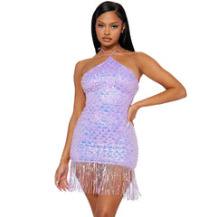 Lace up Halterneck Dress Sexy Tassel Sequin Model Women