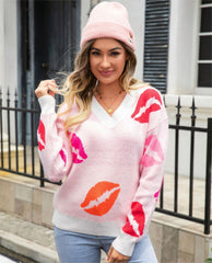 Autumn Winter Lips Valentine Day Sweater V neck Knitted Pullover Sweater