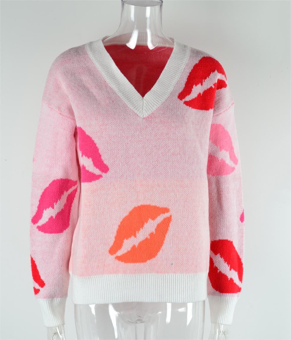 Autumn Winter Lips Valentine Day Sweater V neck Knitted Pullover Sweater