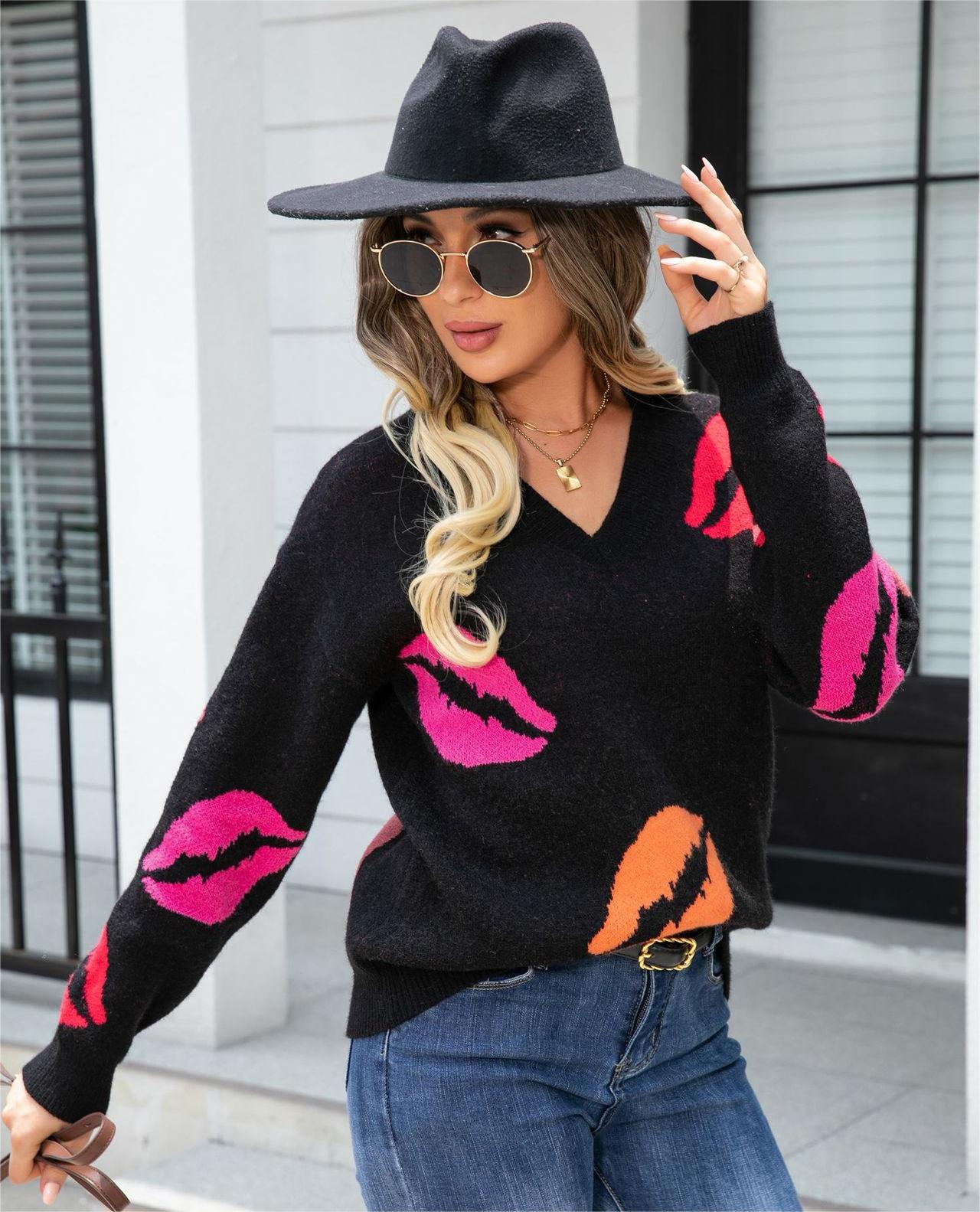 Autumn Winter Lips Valentine Day Sweater V neck Knitted Pullover Sweater