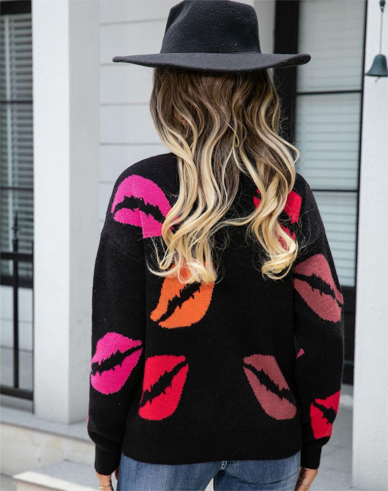 Autumn Winter Lips Valentine Day Sweater V neck Knitted Pullover Sweater