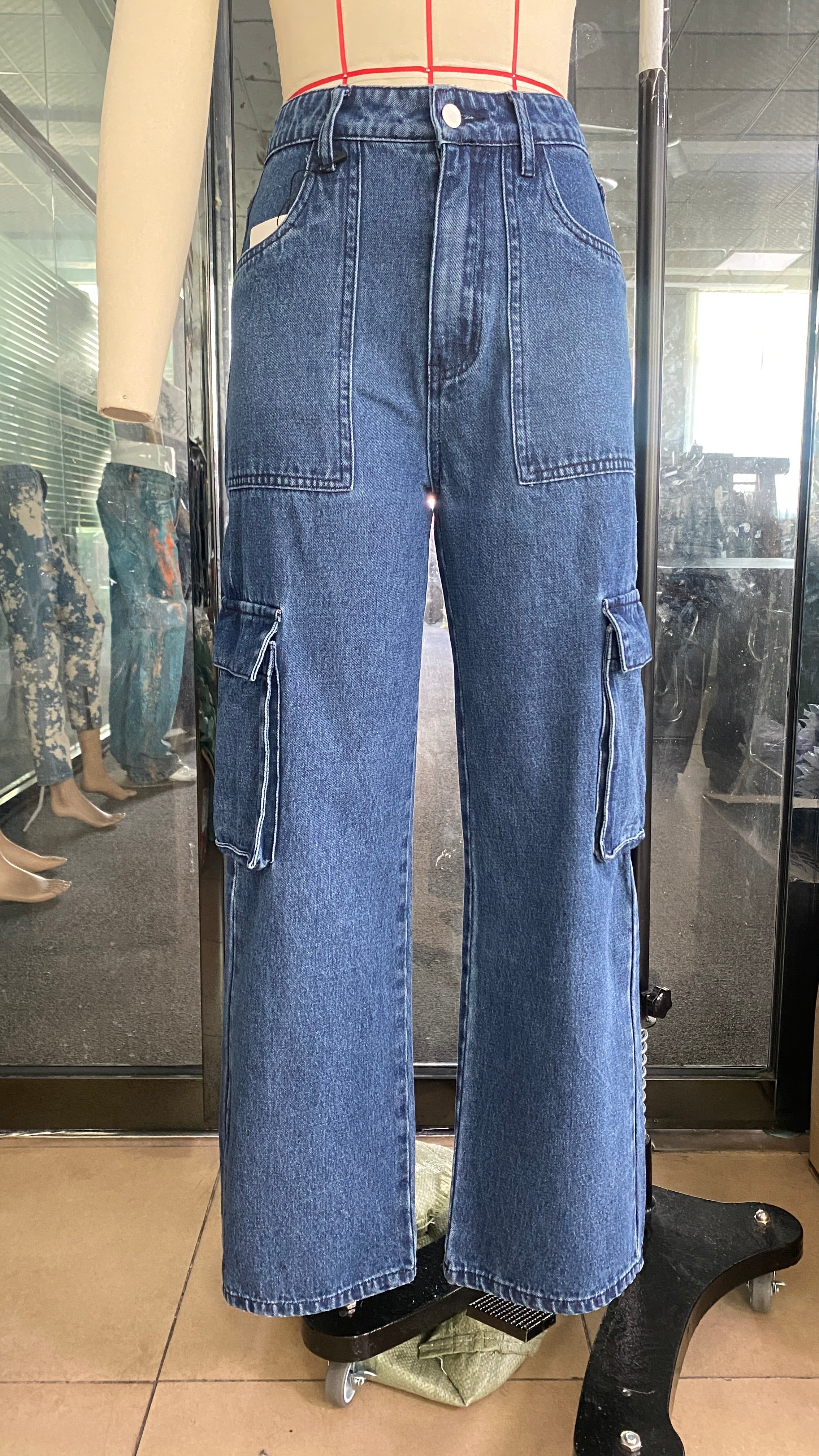 Multi Bag Jeans Women High Waist Tooling Pants Loose Washed Jeans