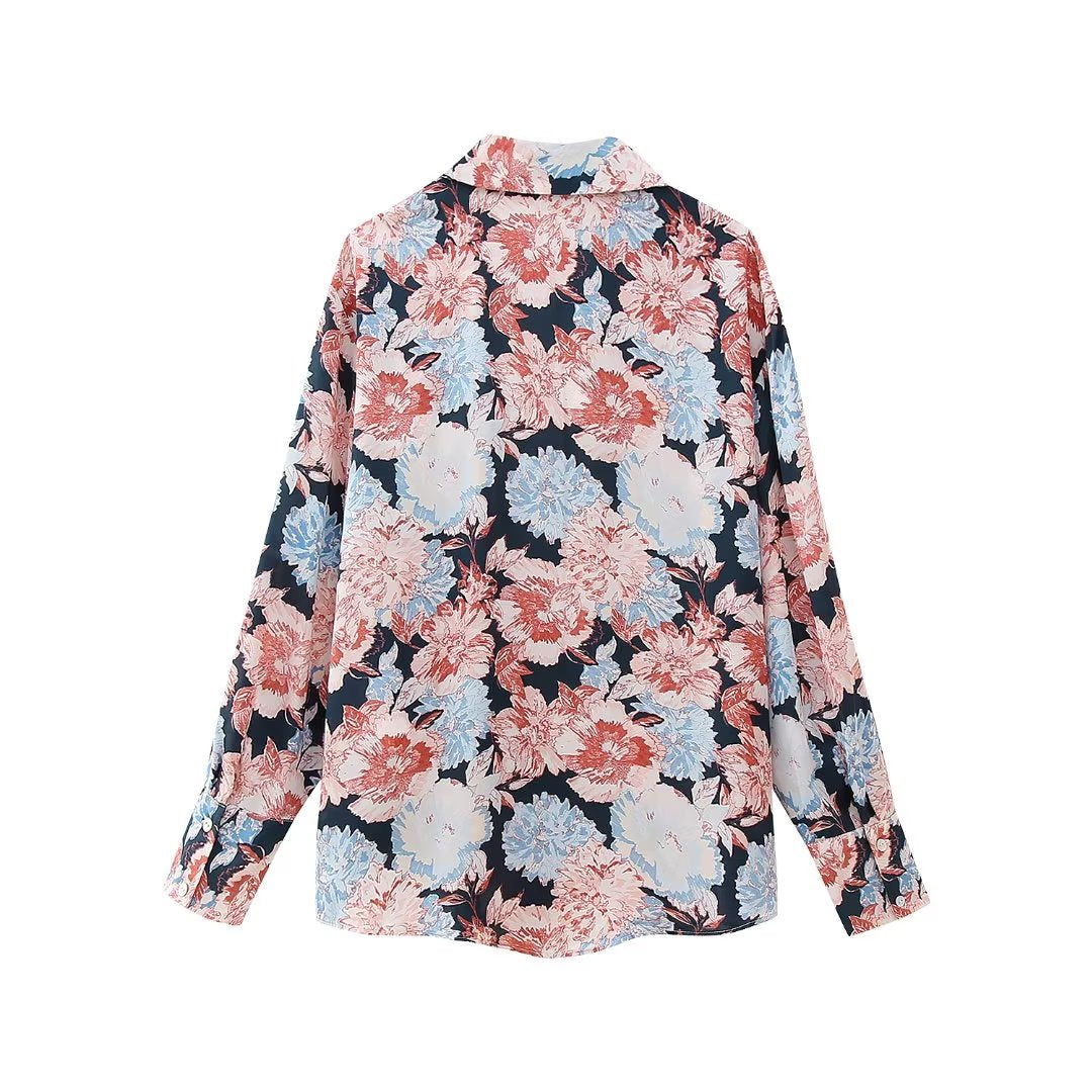 Women  Floral Print Loose Collared Long Sleeves Shirt Women