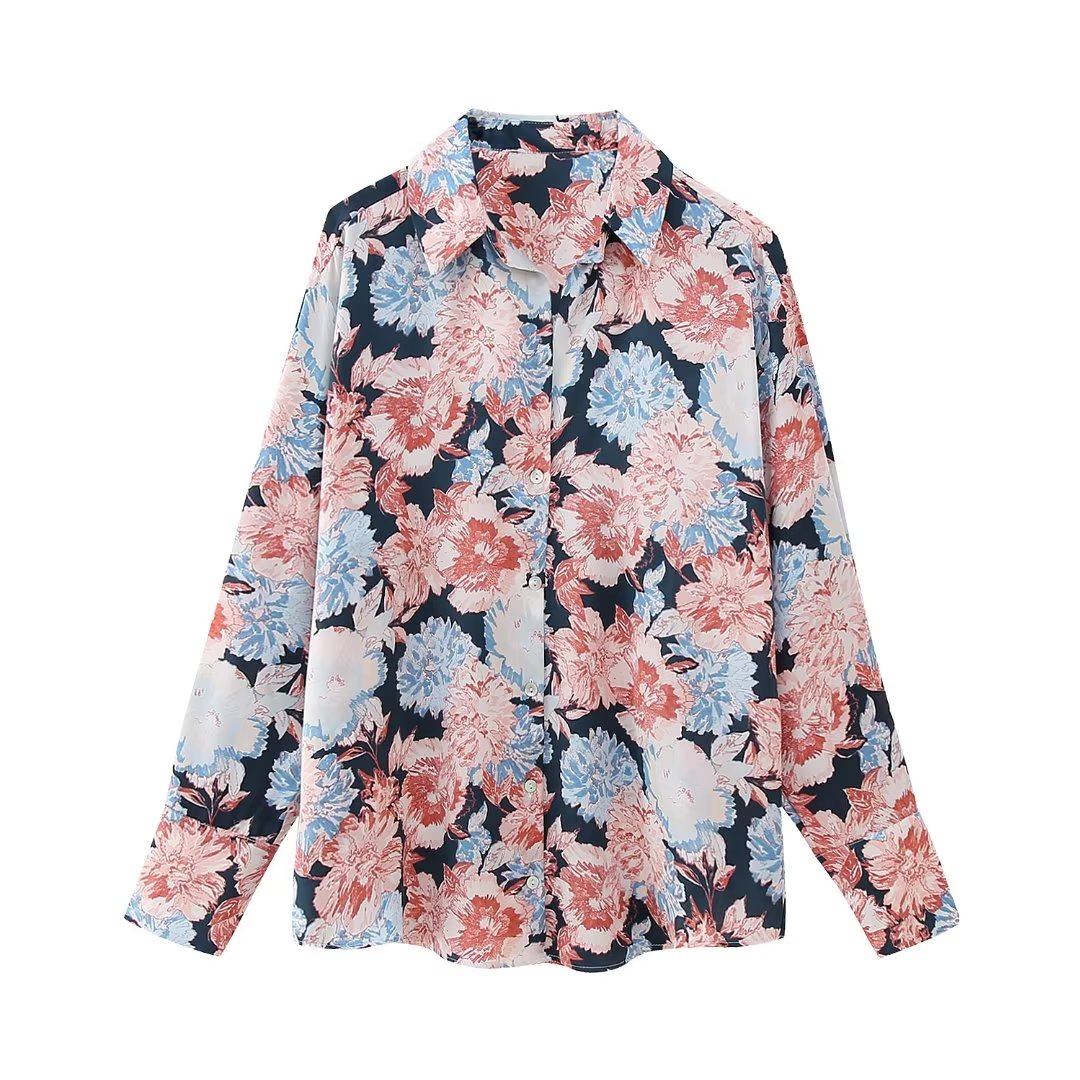 Women  Floral Print Loose Collared Long Sleeves Shirt Women