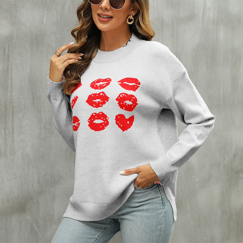 Women Clothing Amicg Tidal Surge Emotion Sweater Love Pullover Lip Contrast Color Loose Sweater