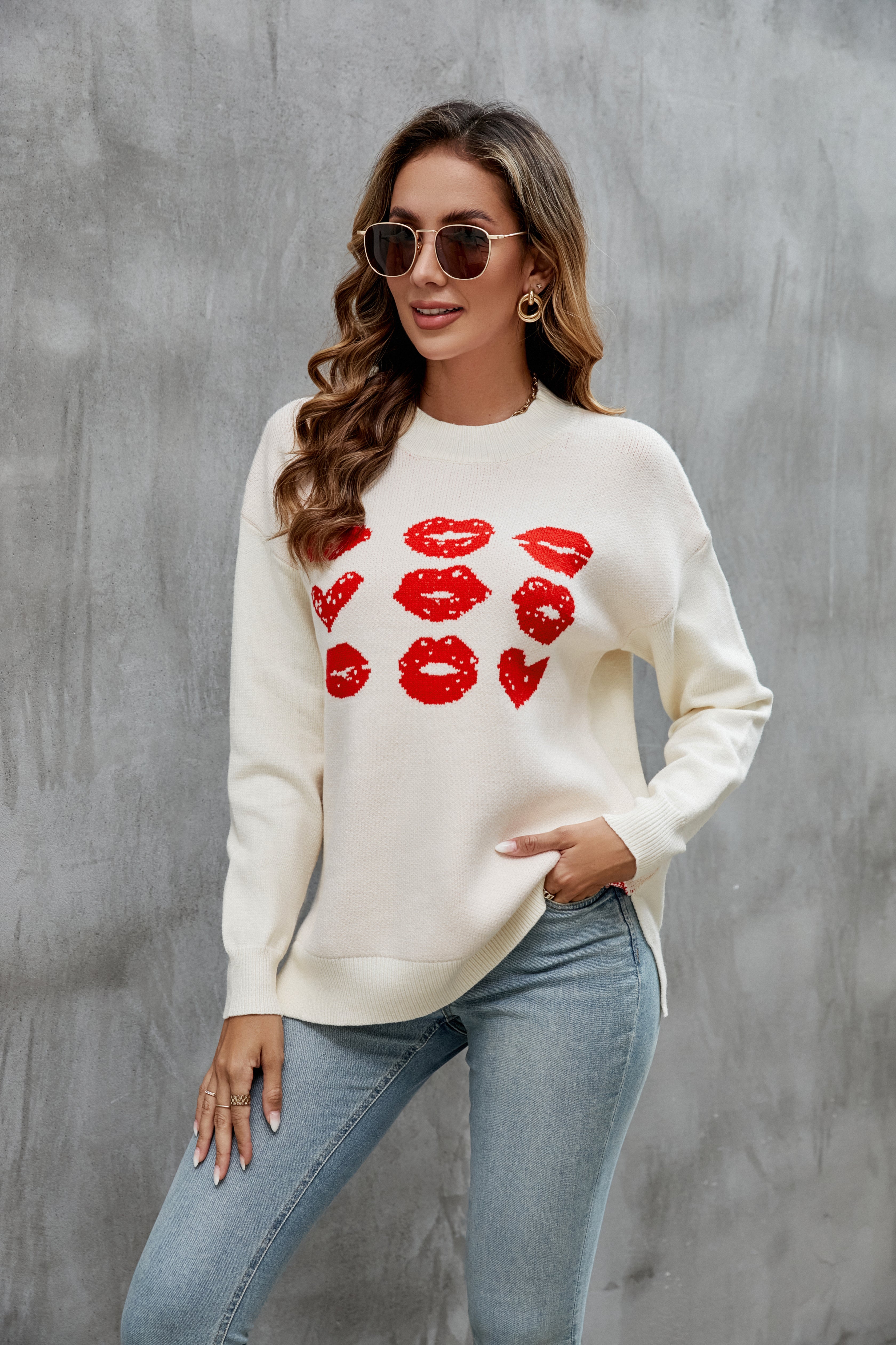 Women Clothing Amicg Tidal Surge Emotion Sweater Love Pullover Lip Contrast Color Loose Sweater