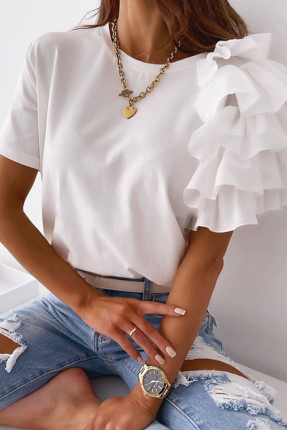 White Asymmetric Cascading Sleeve Tee