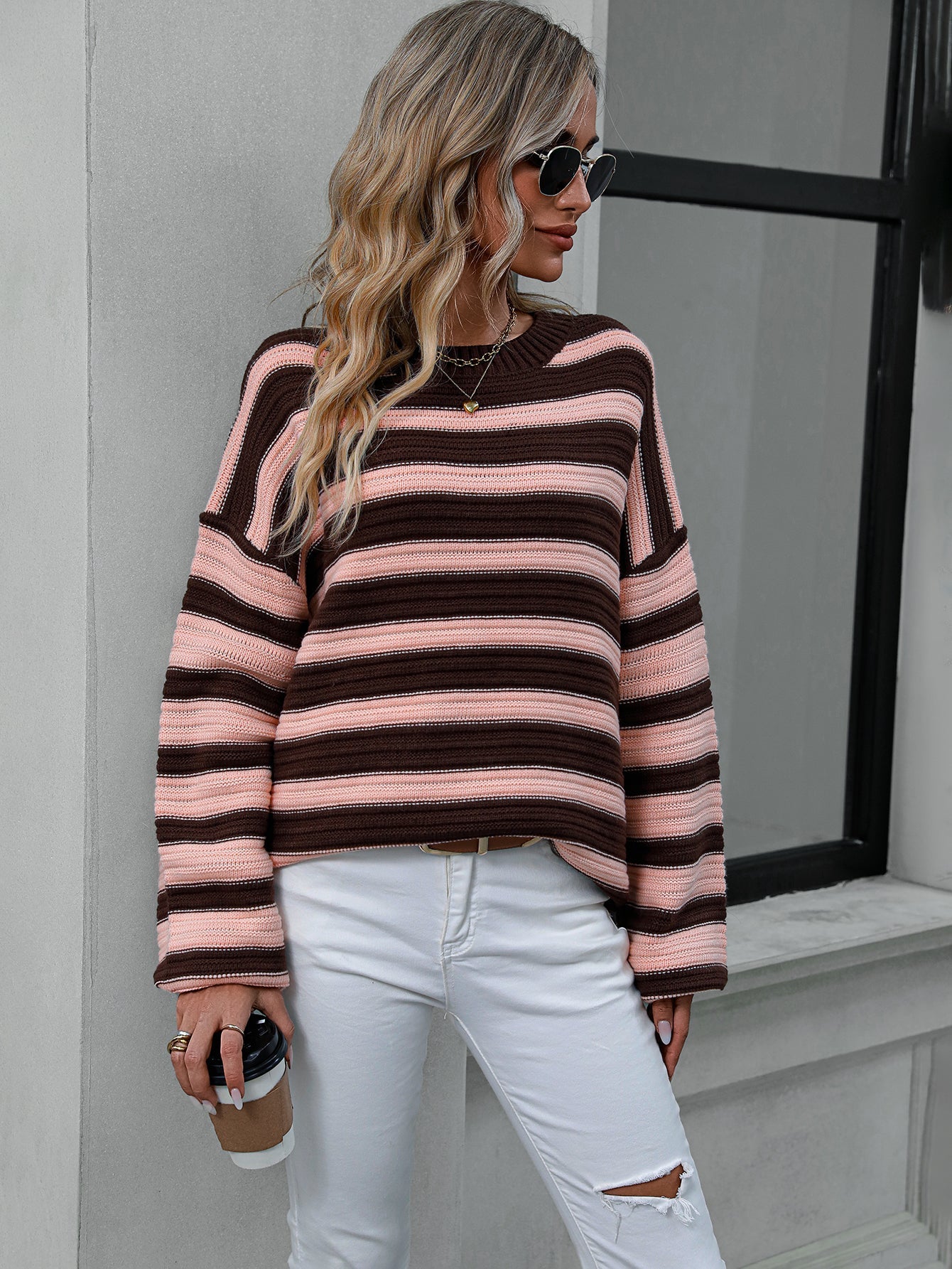 Autumn Winter Striped Sweater Women Knitted Crew Neck Pullover Sweater Women