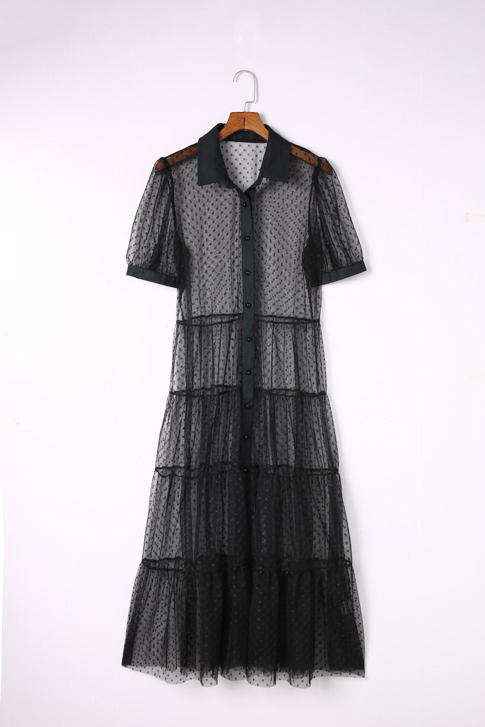 Black Polka Dot Button Up Short Sleeve Sheer Kimono