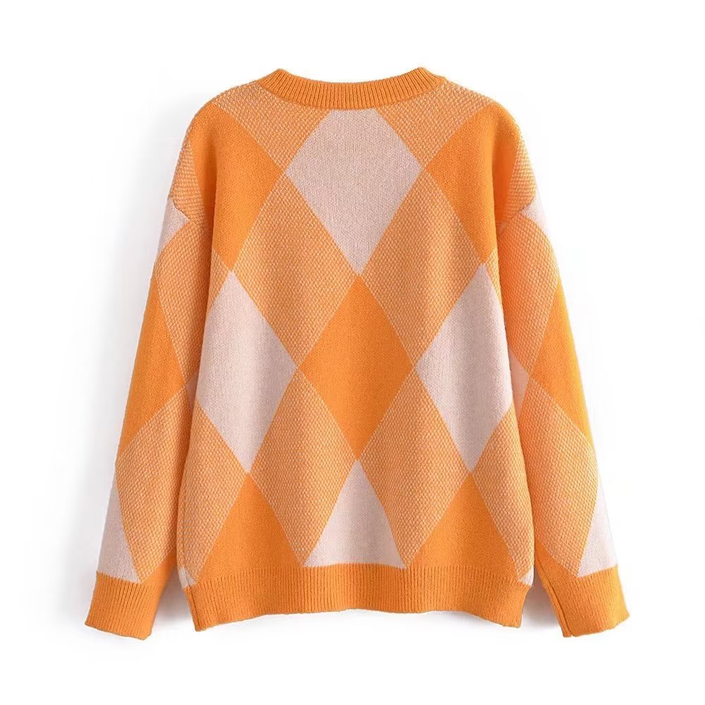 Autumn Winter Color Matching Rhombus Pullover Sweater Pullover Casual Women Top