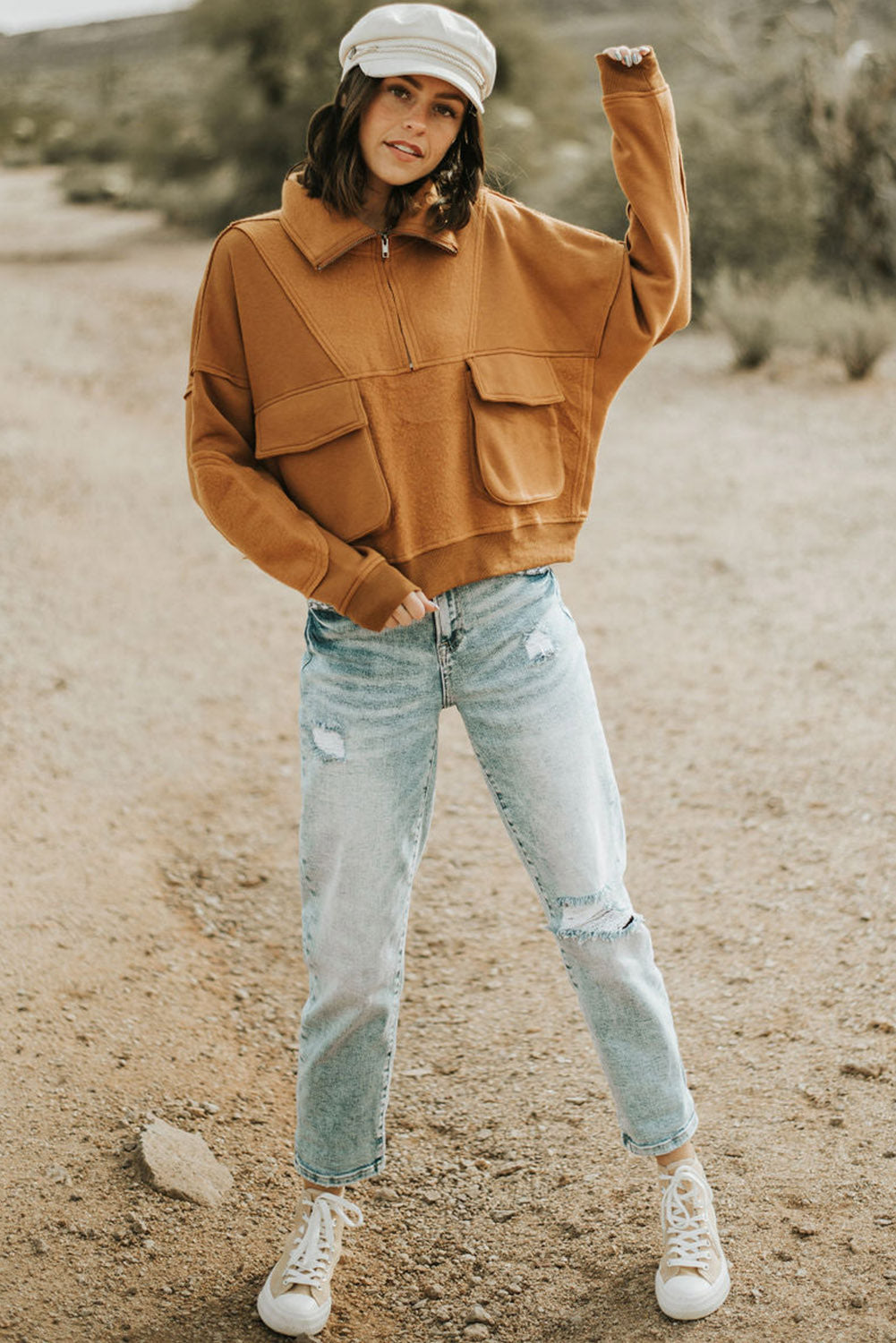 Brown Zip Collared Big Flap Pocket Exposed Seam Sweatshirt