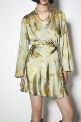 Fall Women Clothing Printed Silk Satin Textured Dress