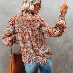 Women New Pleated Turtleneck Small Floral Print Split Top Loose Turtleneck Shirt