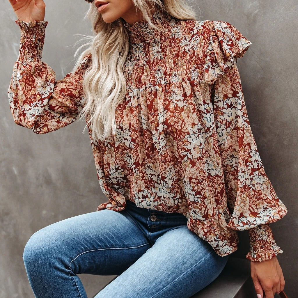 Women New Pleated Turtleneck Small Floral Print Split Top Loose Turtleneck Shirt