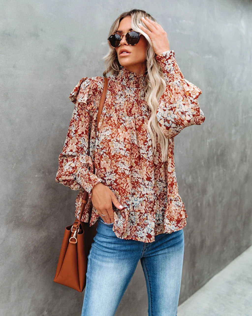 Women New Pleated Turtleneck Small Floral Print Split Top Loose Turtleneck Shirt