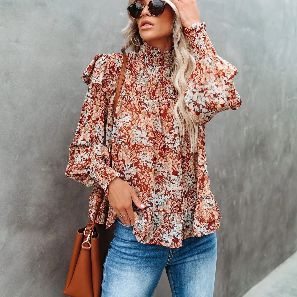 Women New Pleated Turtleneck Small Floral Print Split Top Loose Turtleneck Shirt