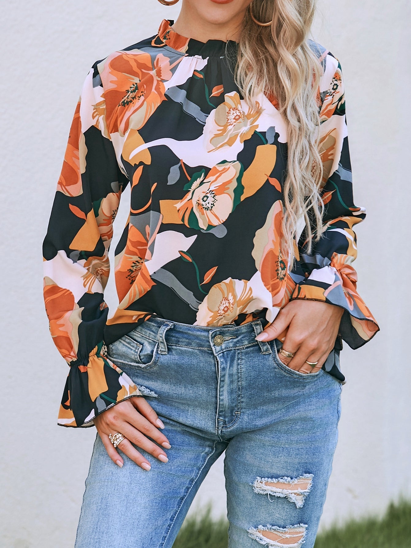 Women New Spring and Autumn Casual Shirt with Ear Collar Print Long Sleeve Shirt