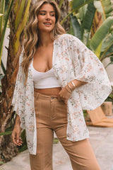White Floral Print Ruffled Long Sleeves Kimono