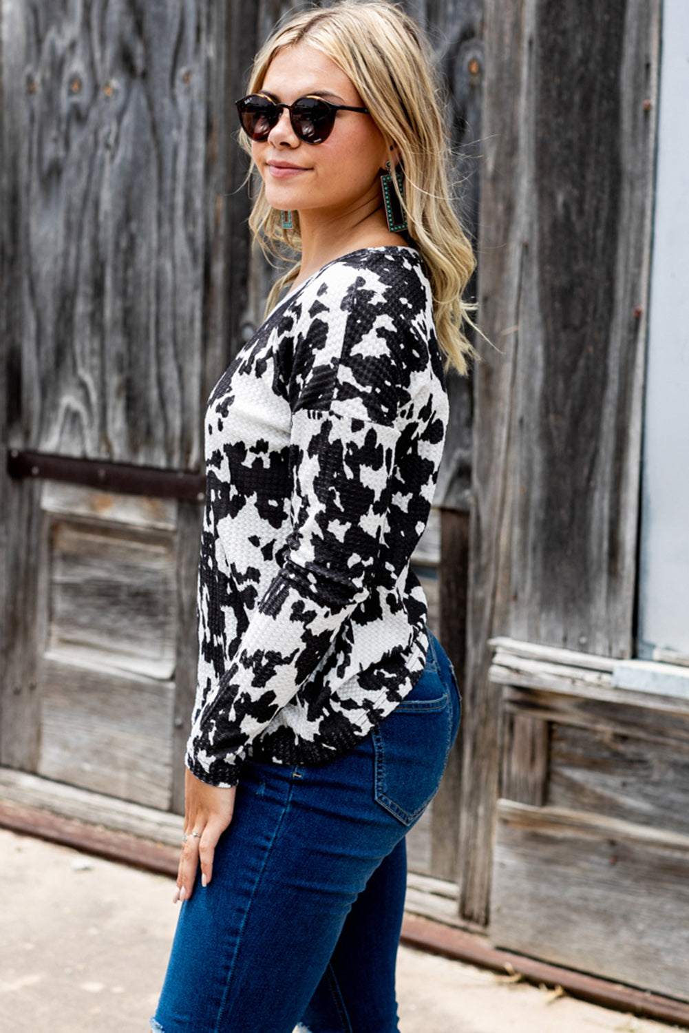 Cow Print U Neck Long Sleeve Top