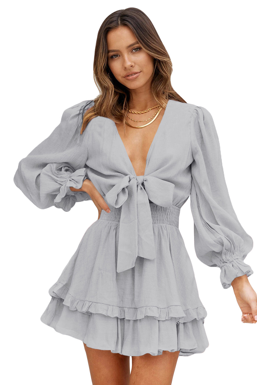 Amicgp V Neck Lantern Sleeve Knotted Tiered Mini Dress