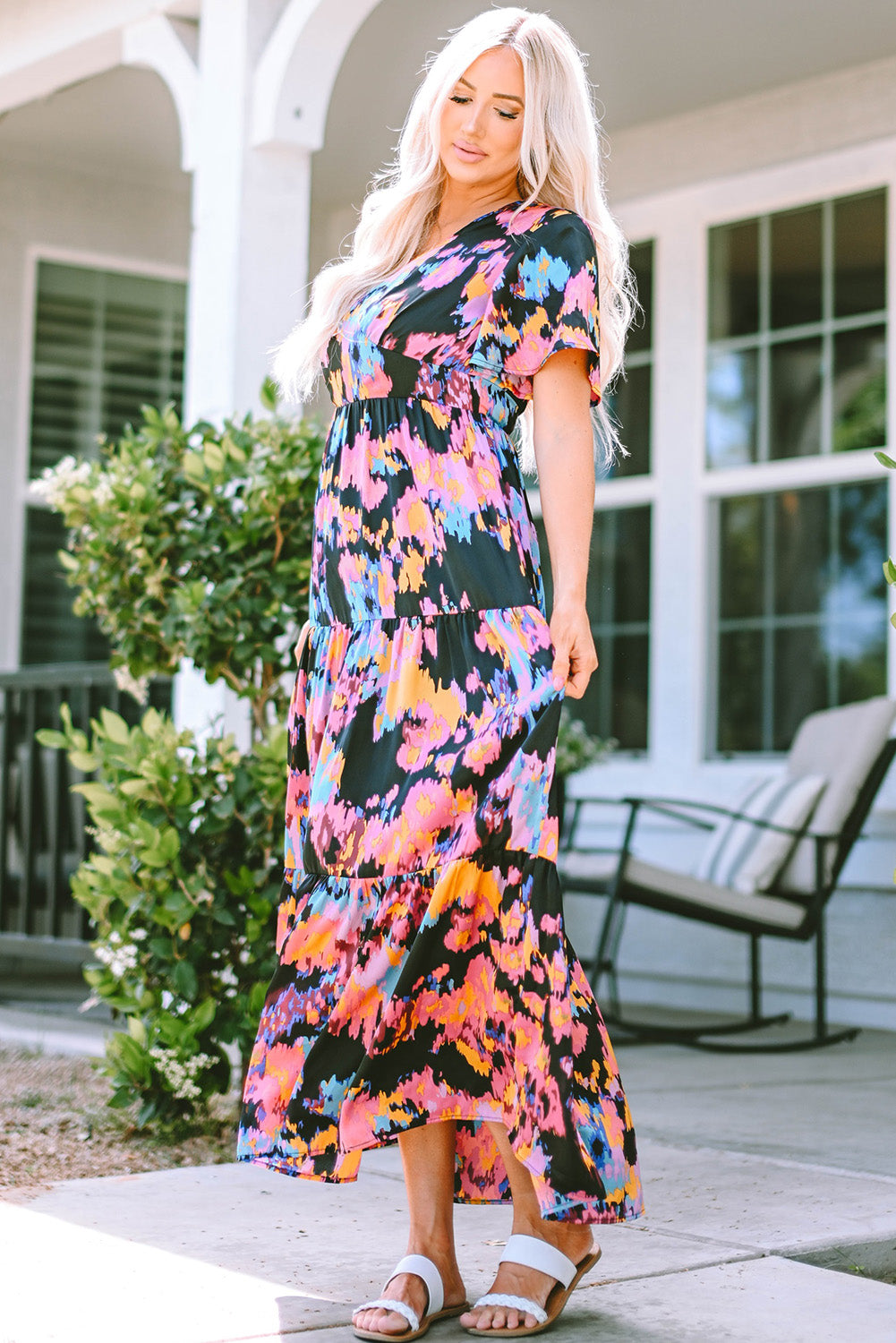 Black Smocked Tie-dye Print Midi Dress