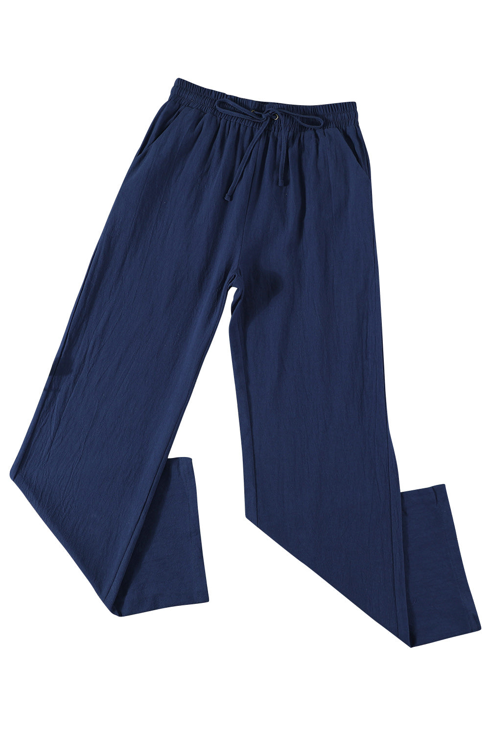 Blue Drawstring Elastic Waist Pockets Long Straight Legs Pants