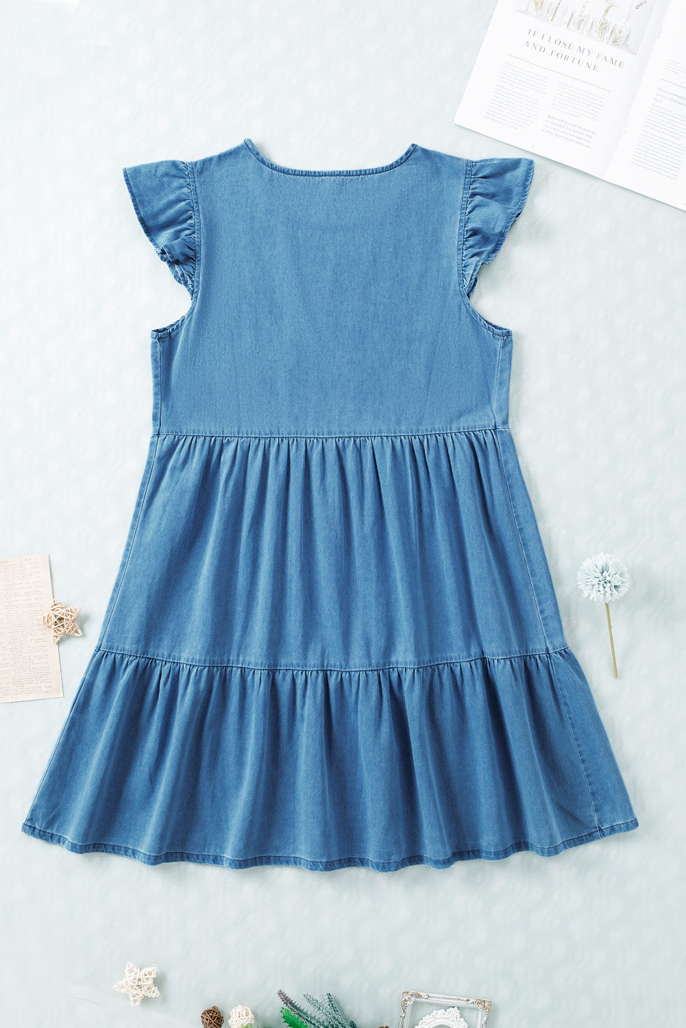 Sky Blue Crew Neck Flutter Tiered A-line Chambray Dress