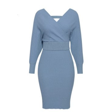 Knitting V neck off Shoulder Set Dress Sweater