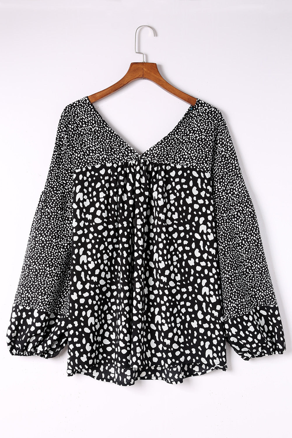 Black V Neck Cheetah Mixed Print Plus Size Blouse