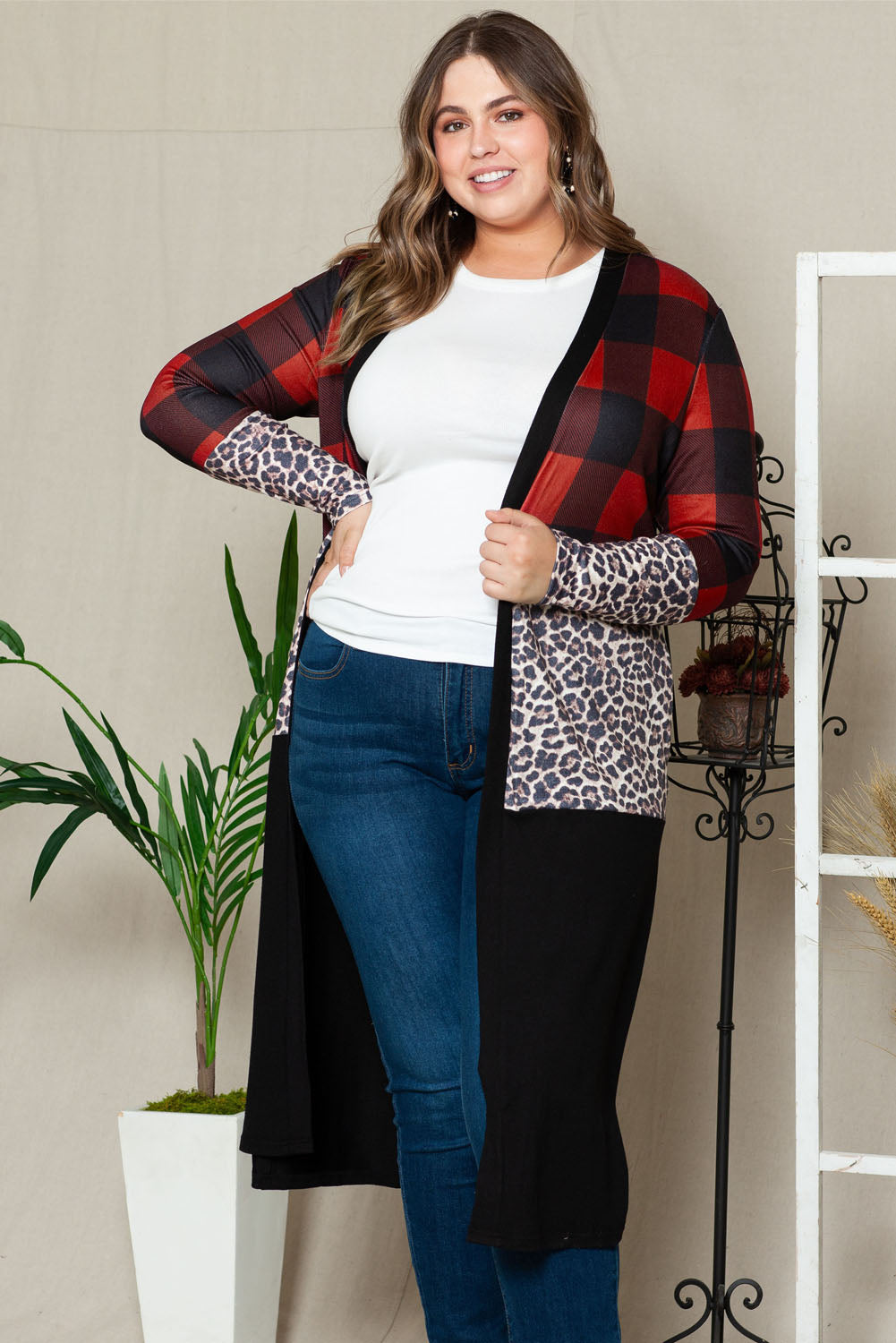 Red Buffalo Plaid Leopard Colorblock Plus Size Duster Cardigan