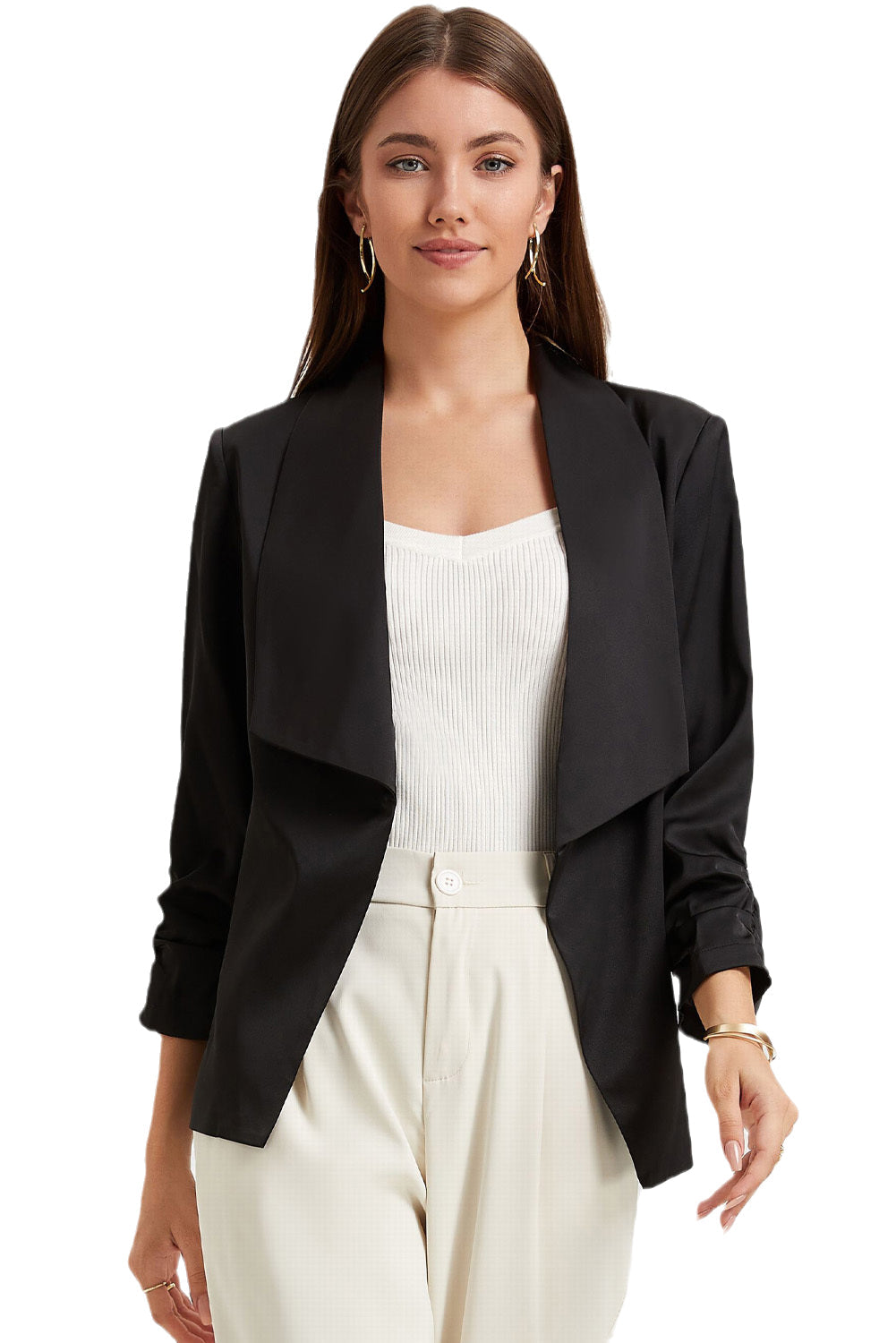 Apricot Solid Lapel Collar Satin Blazer