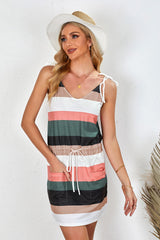 Black Spaghetti Straps Striped Drawstring Waist Mini Dress