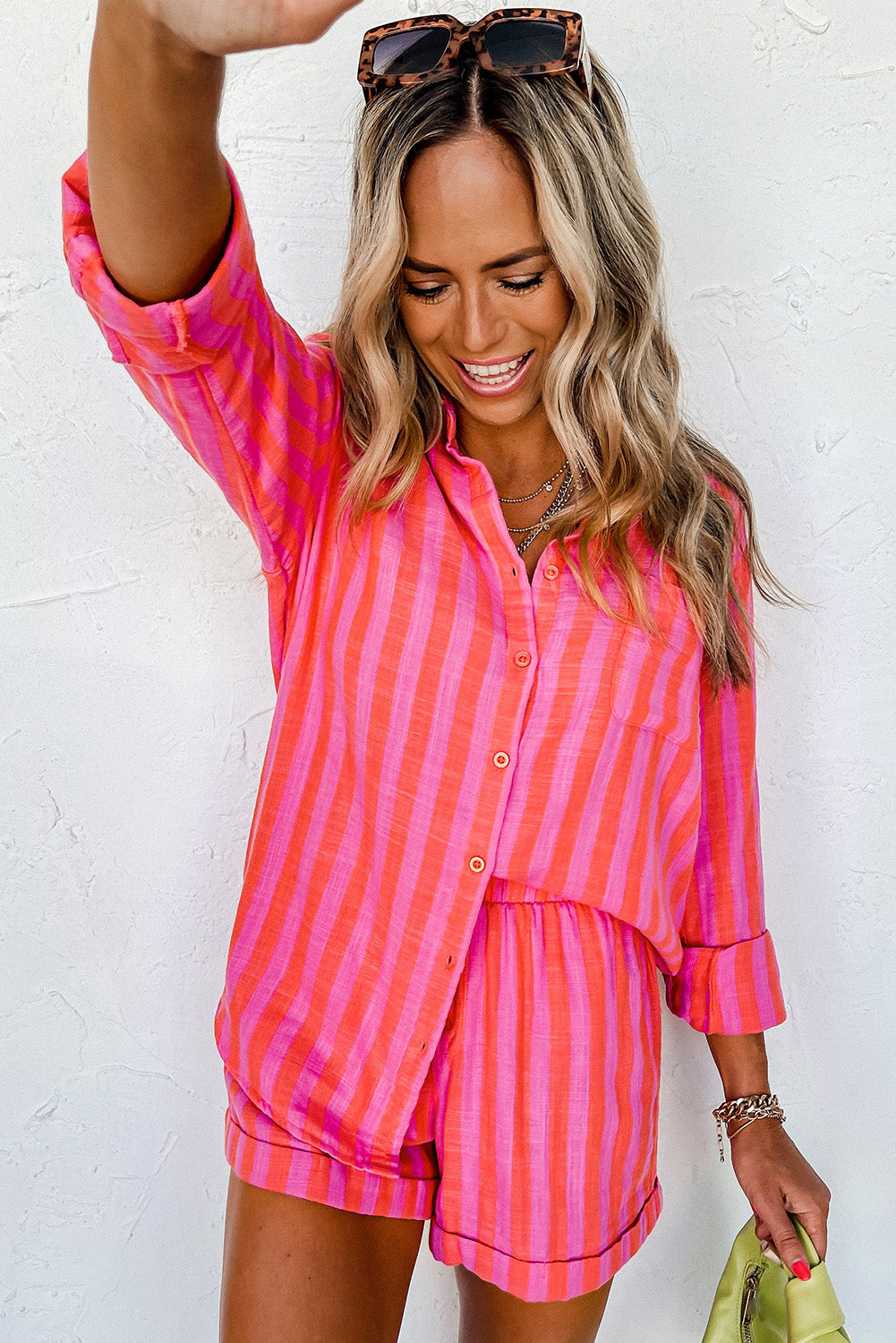 Orange Striped Print Collared Neck Shirt and Shorts Set