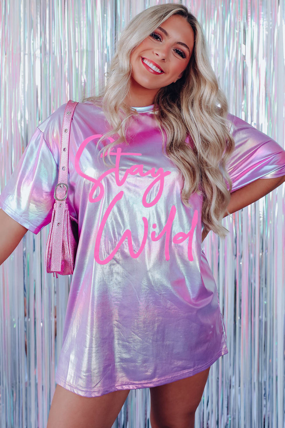 Purple Shiny Iridescent Stay Wild Graphic Oversized Tee