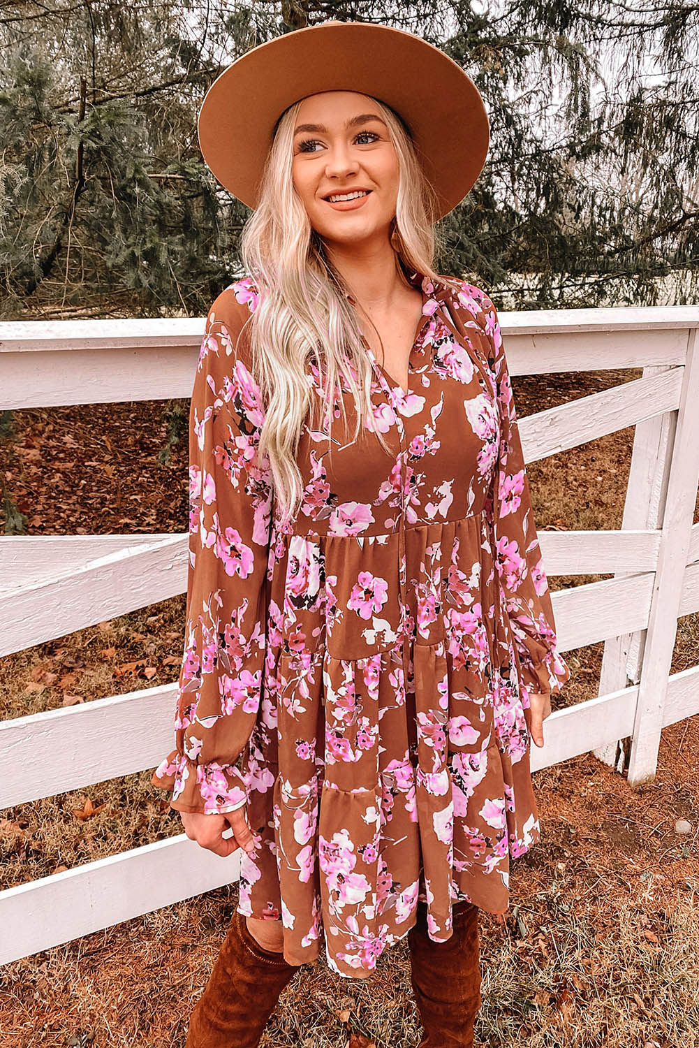 Brown Floral Print Drawstring V Neck Ruffled Babydoll Mini Dress