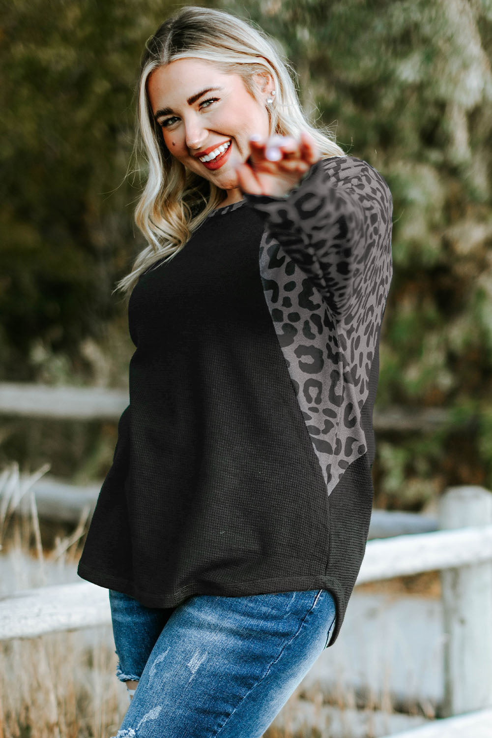 Black Leopard Raglan Sleeve Waffle Knit Plus Size Top