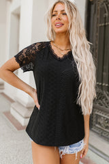 Black Lace Short-Sleeve Scalloped V-Neck Top