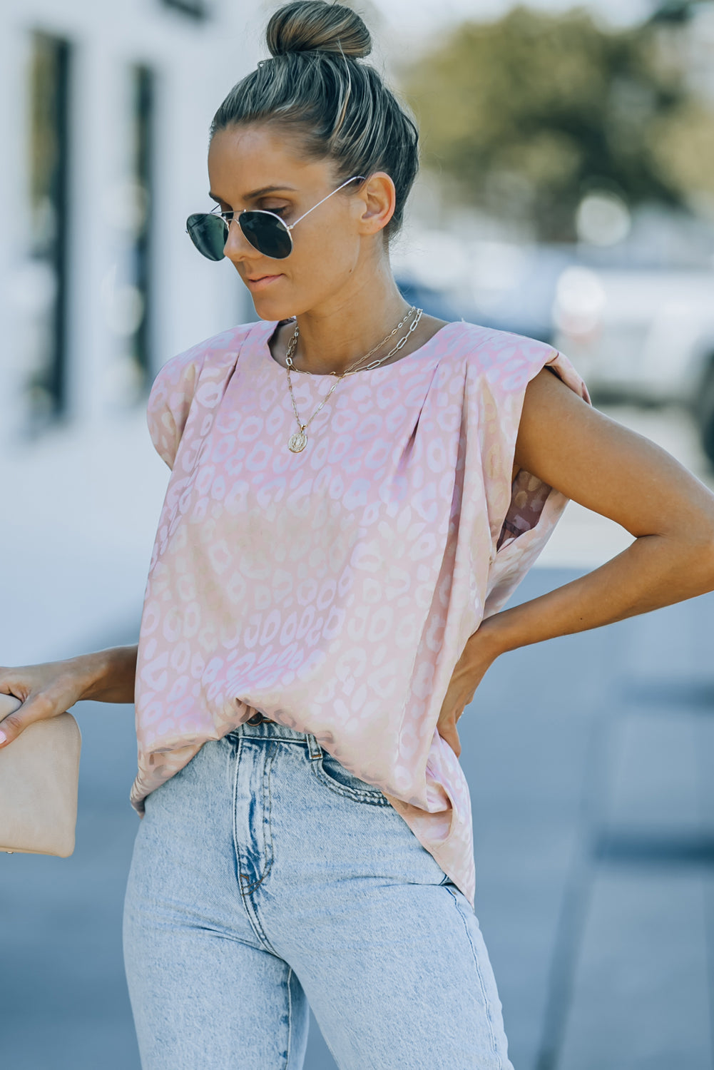 Pink Leopard Pleated Cap Sleeve Top