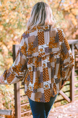 Apricot Turn-down Neck Mixed Print Plus Size Shirt